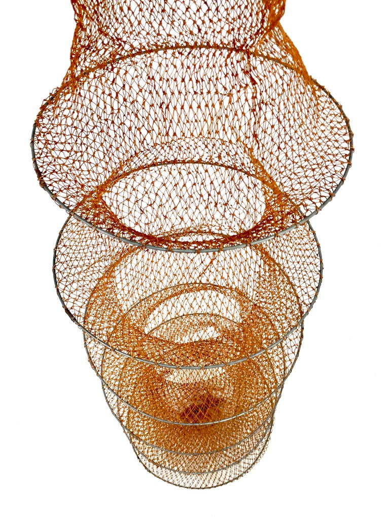 Antique Angling Multi-ringed Mesh Fish Trap / Keepnet On Wooden Pole Handle
