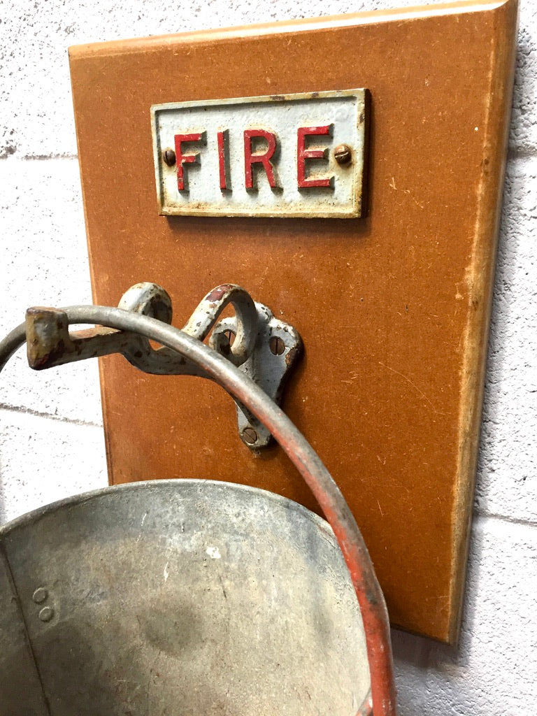 Antique Red Galvanised Fire Bucket & Handle / Original Wooden Wall Bracket Sign