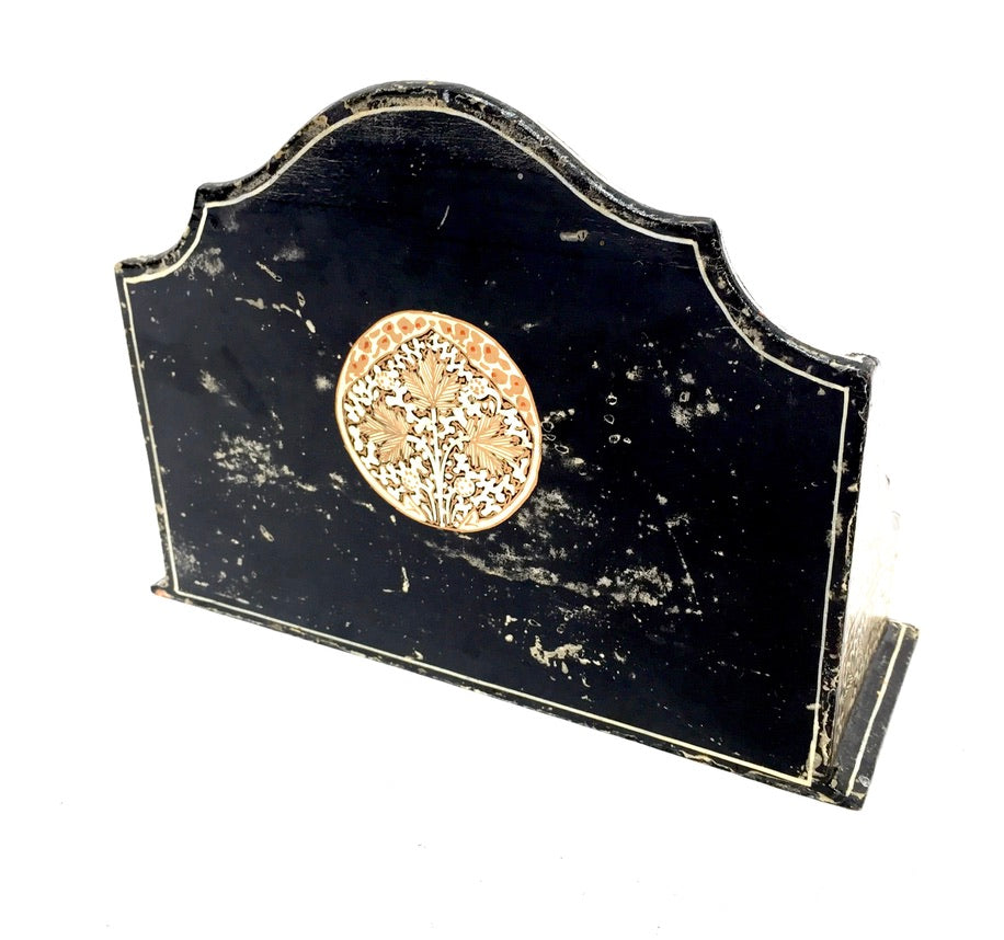 Vintage Wooden Kashmir Indian Gold Tabletop Letter Rack Stationery Holder Floral