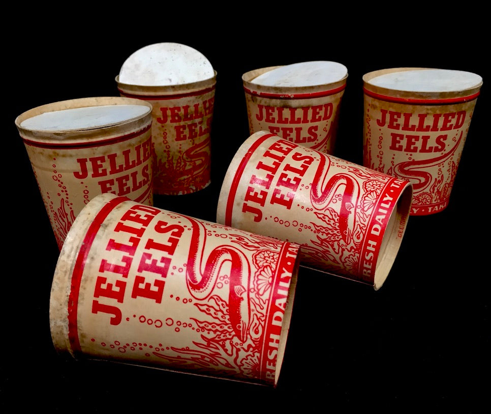 Antique Advertising - 1930s Six Waxed Paper Cartons with Lids for Jellied Eels