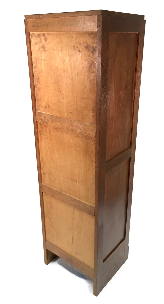 Antique 1950s Wooden Oak Tambour Fronted Office Paper Filing Cabinet with Key