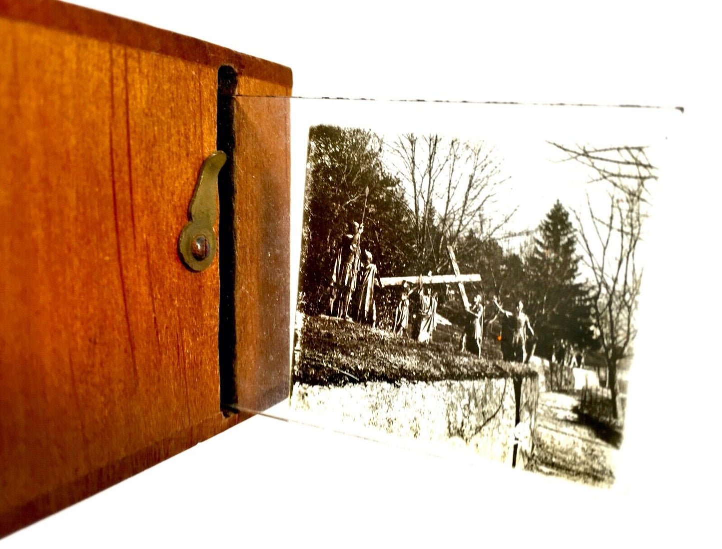 Antique Wooden Handheld Stereo Viewer / Stereoscope & Glass Slide Job c.1900