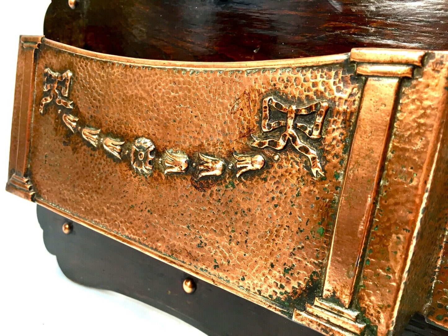 Antique Oak & Copper Wall Hanging Letter Rack / Key Holder Storage Box c.1920