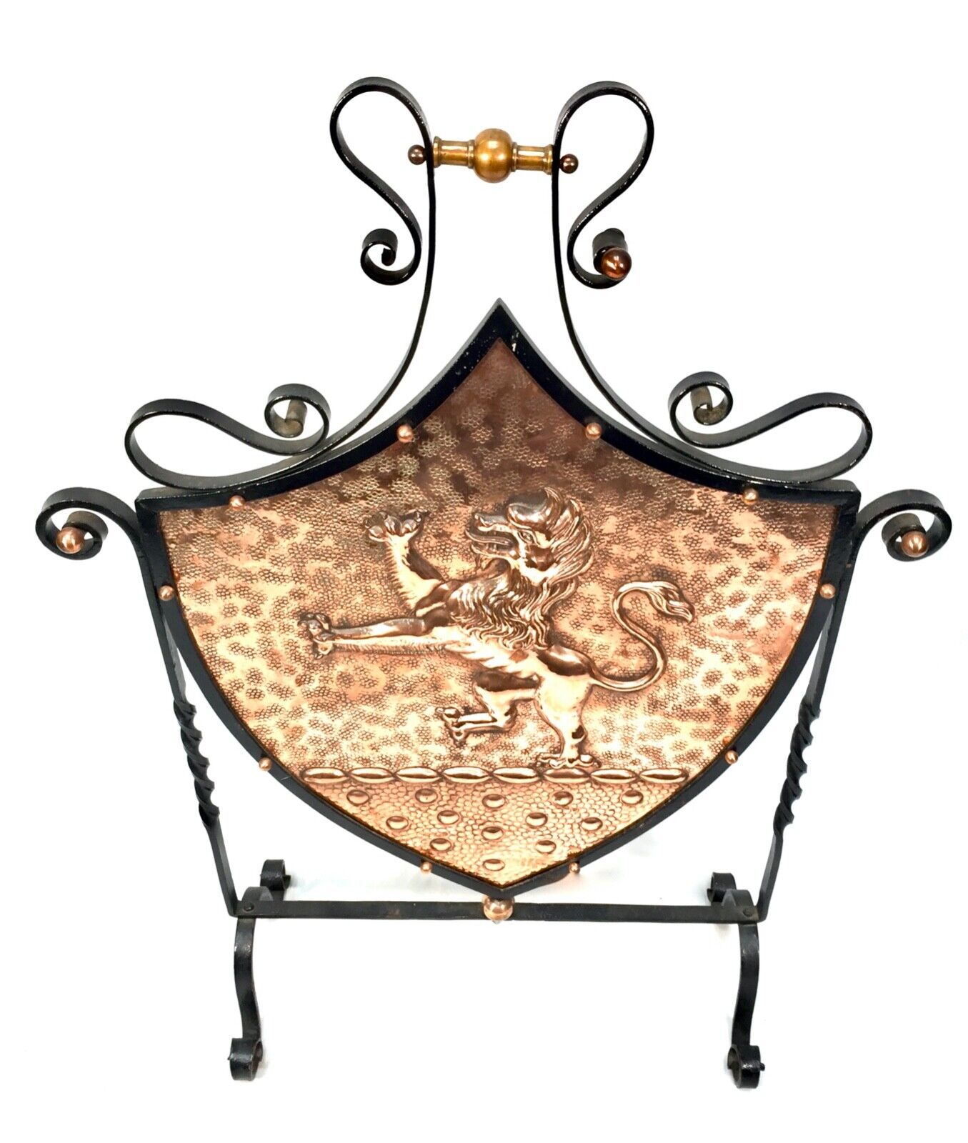 Antique Arts & Crafts Beaten Copper Fire Screen Shield Wrought Iron Frame c.1900