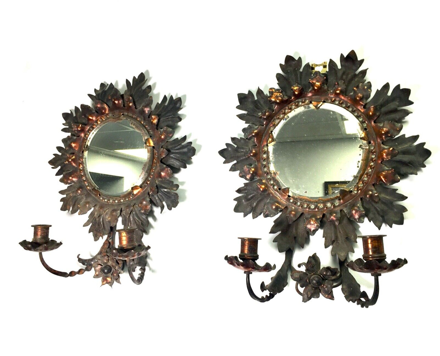 Antique Victorian Pair of Pressed Copper & Iron Mirror Sconces / Wall Hanging