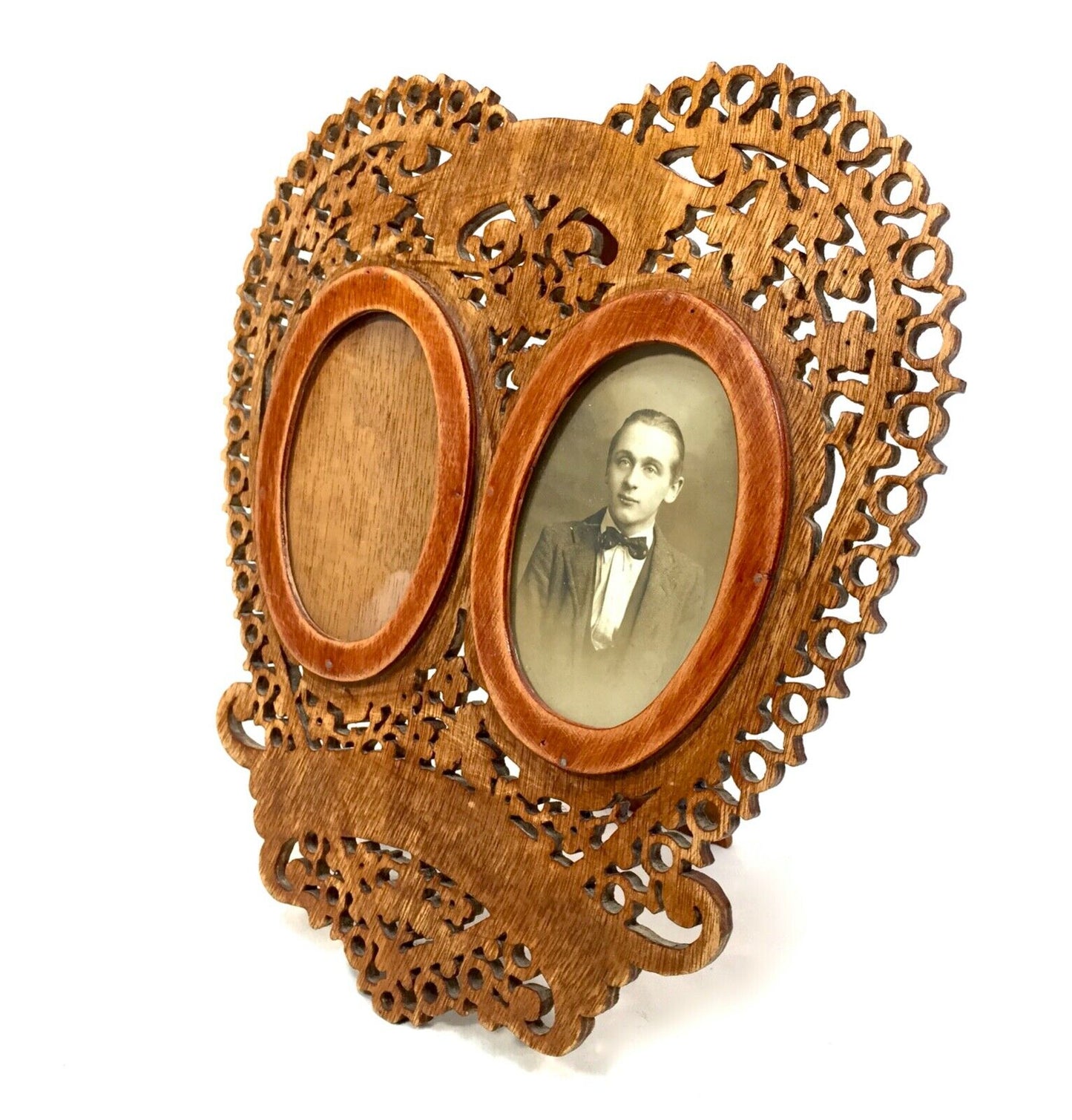 Antique Fretwork Wooden Heart Shaped Lovers Photo Picture Frame c.1900