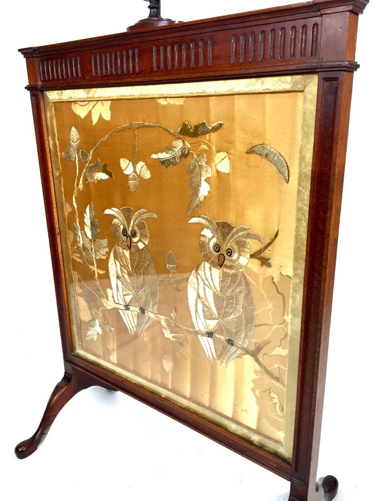 Antique Hand Embroidered Silk & Mahogany Fire Screen / Glazed Guard / Owl Design