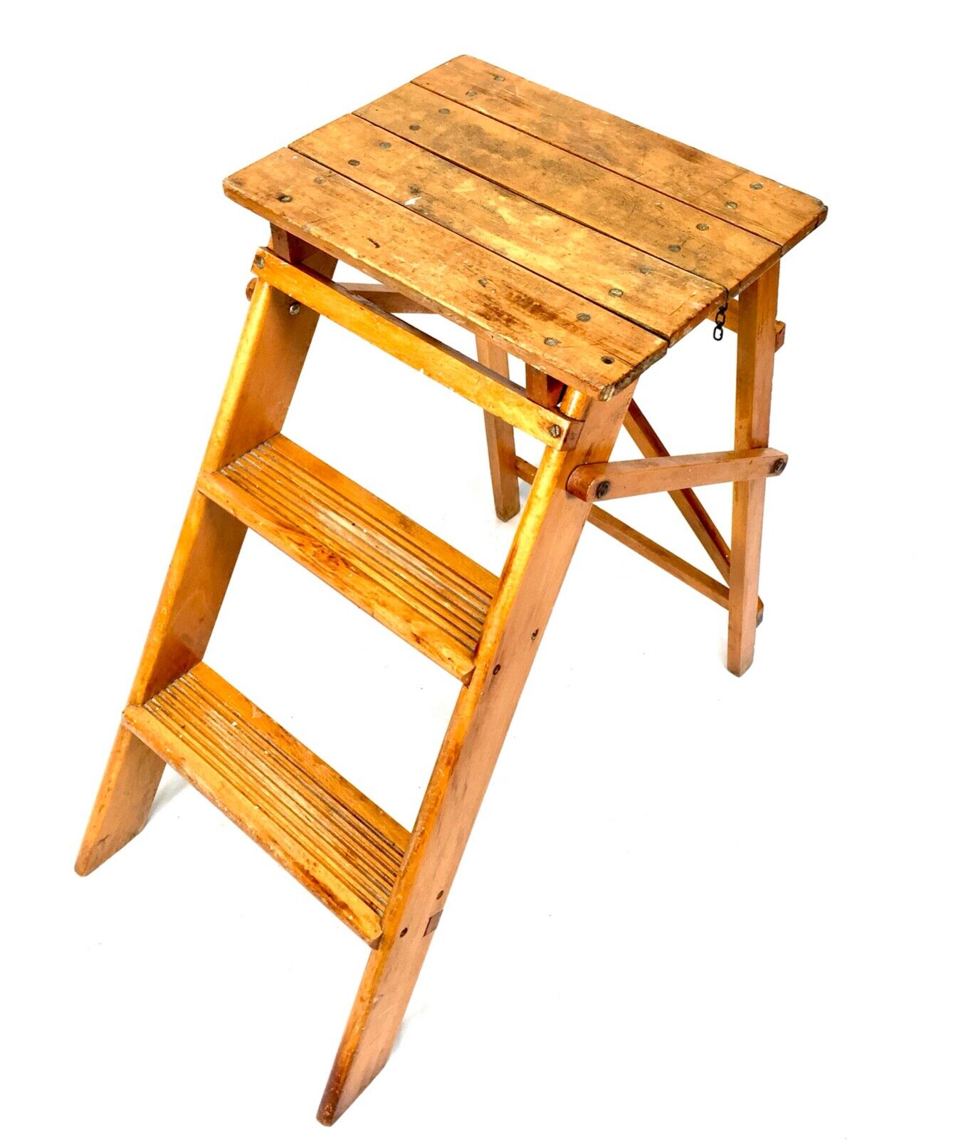 Antique 20th Century Wooden Household Stained Pine Folding Step Ladder