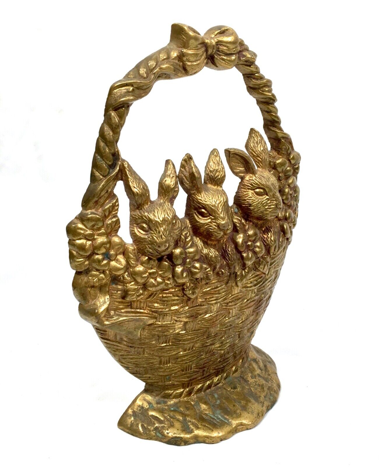 Vintage Solid Brass Doorstop / Stopper - Bunnies in a Basket / Antique Style