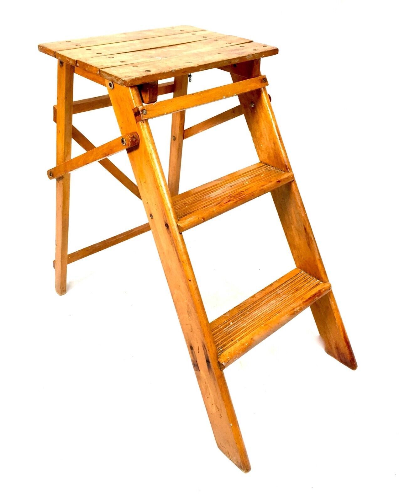 Antique 20th Century Wooden Household Stained Pine Folding Step Ladder