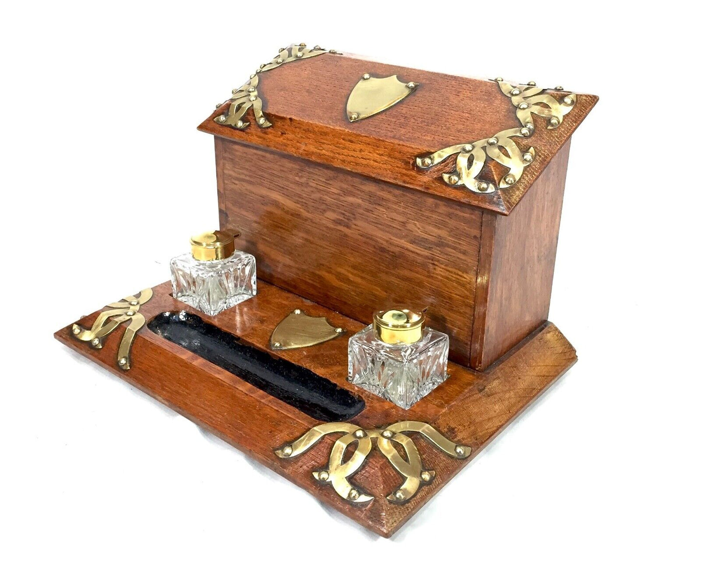 Antique Oak & Brass Desktop Letter Rack / Stationery Box / Edwardian c.1910