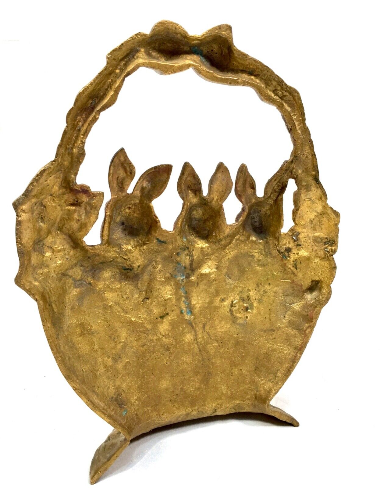 Vintage Solid Brass Doorstop / Stopper - Bunnies in a Basket / Antique Style