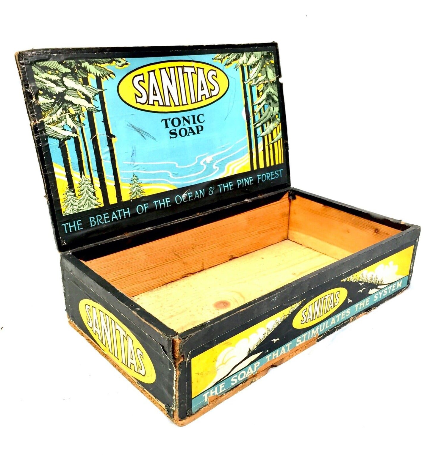 Antique Advertising - Sanitas Soap Wooden Pine Shop Counter Display Box Crate