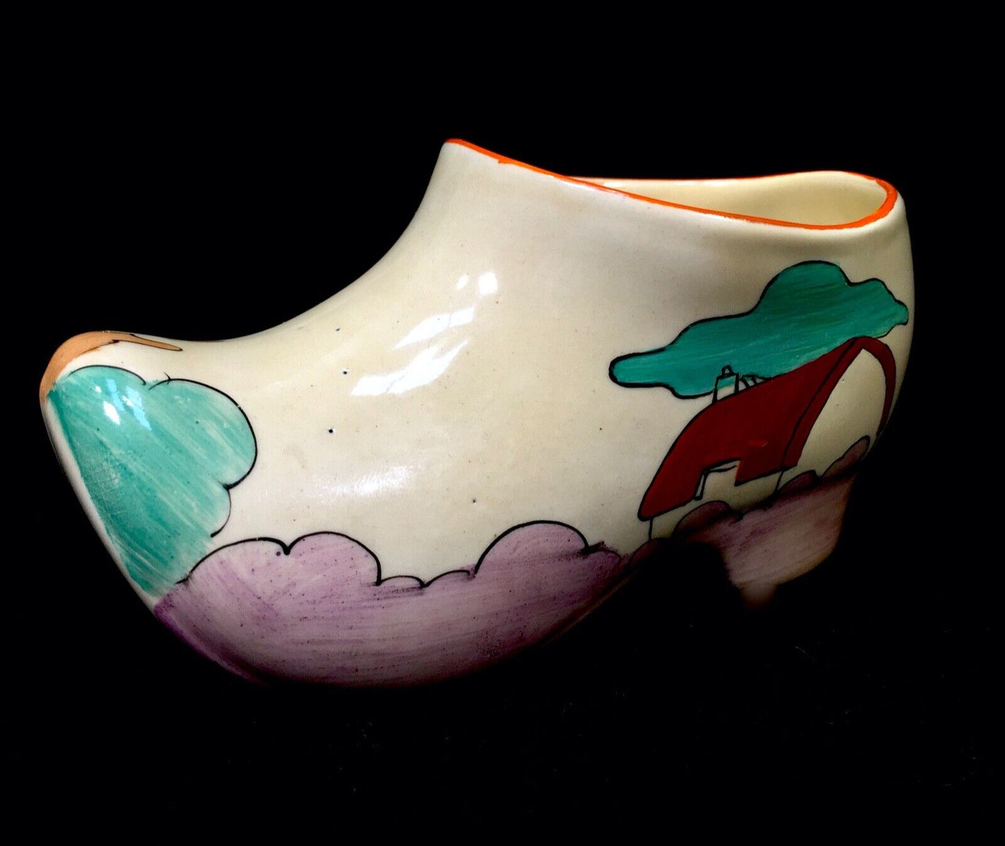 Antique Clarice Cliff - Red Roofs Large Sized Clog c.1932 / Art Deco Pottery