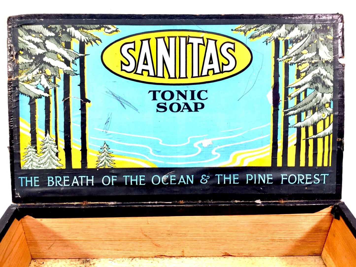 Antique Advertising - Sanitas Soap Wooden Pine Shop Counter Display Box Crate