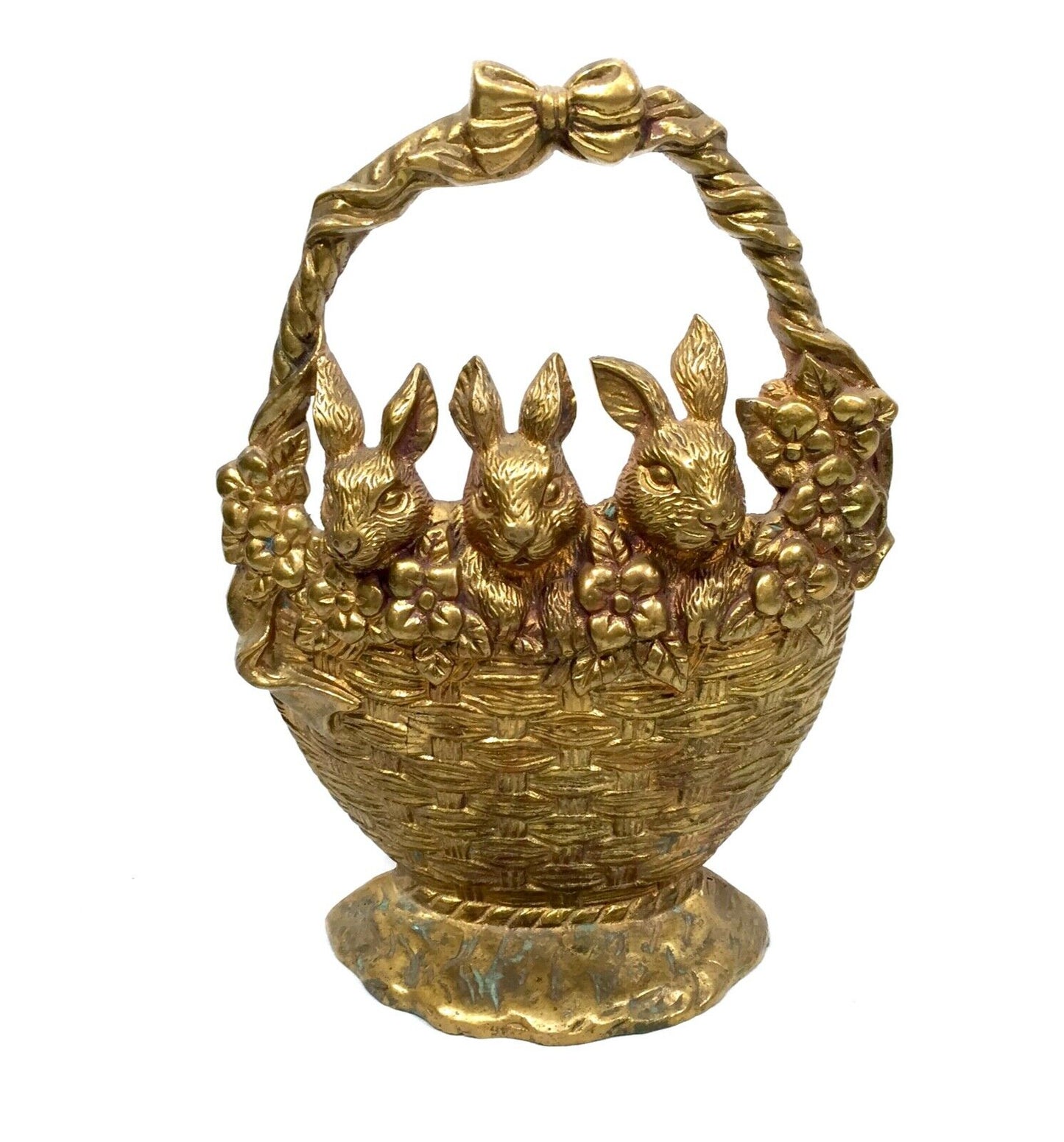 Vintage Solid Brass Doorstop / Stopper - Bunnies in a Basket / Antique Style