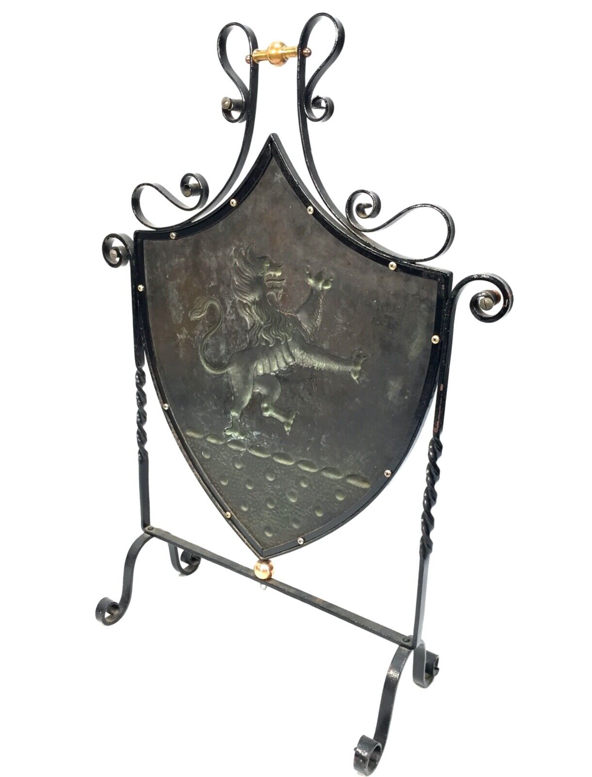 Antique Arts & Crafts Beaten Copper Fire Screen Shield Wrought Iron Frame c.1900