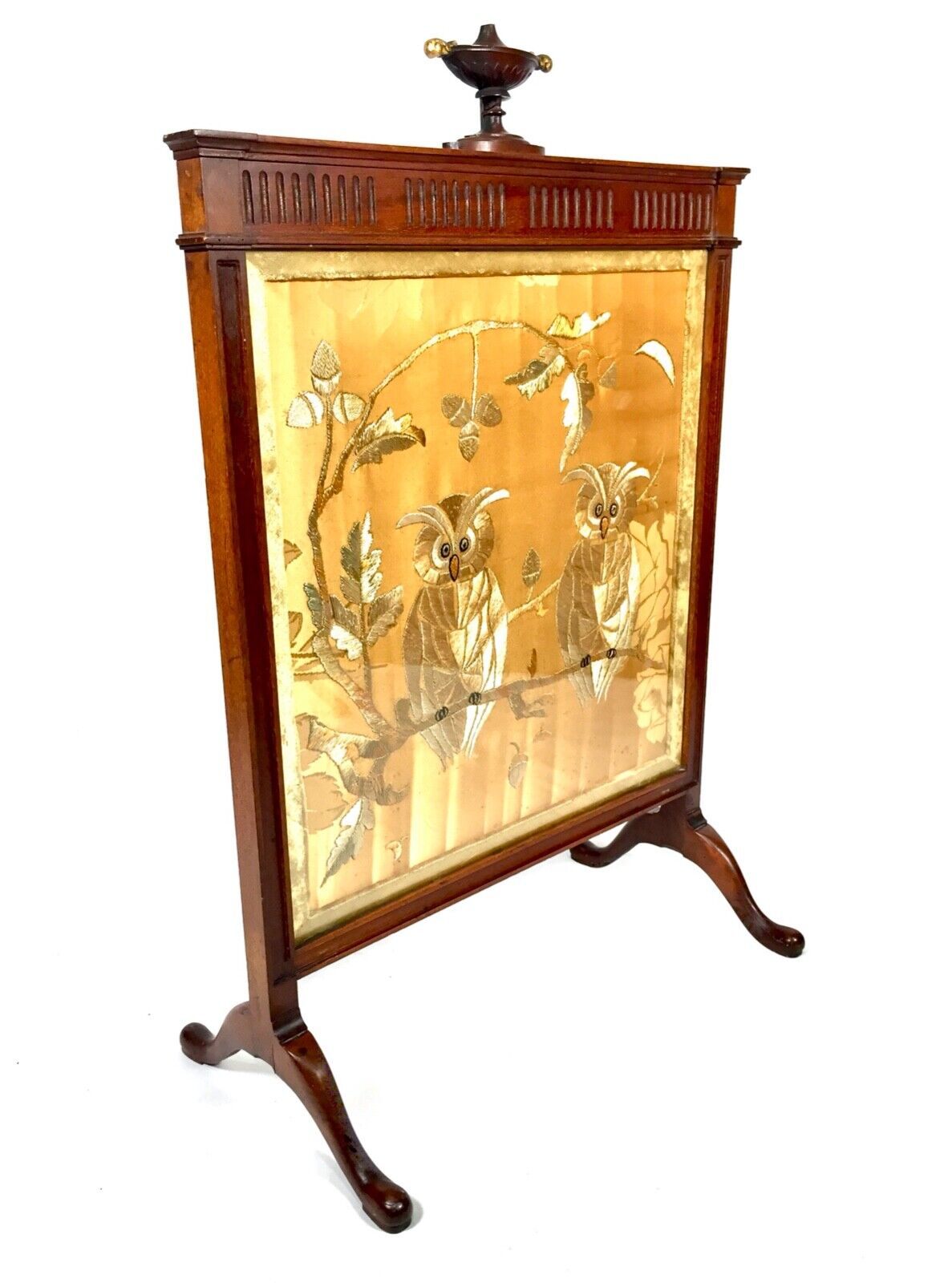 Antique Hand Embroidered Silk & Mahogany Fire Screen / Glazed Guard / Owl Design