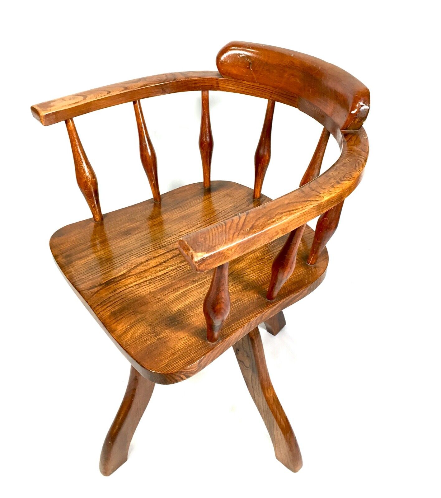 Antique Elm Wooden Captains Office Desk Chair / Swivel / Home Office c.1920