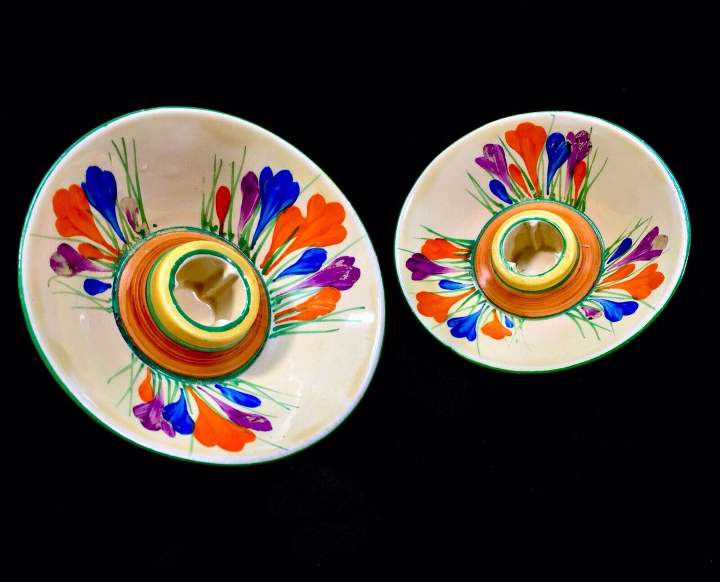 Antique Clarice Cliff Autumn Crocus Shape 384 Candle Stick Pair Pottery Bizarre