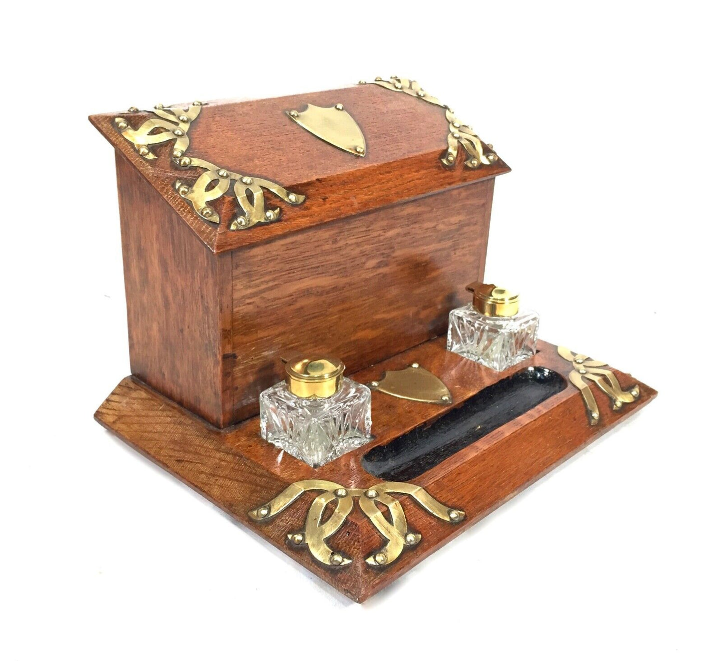 Antique Oak & Brass Desktop Letter Rack / Stationery Box / Edwardian c.1910