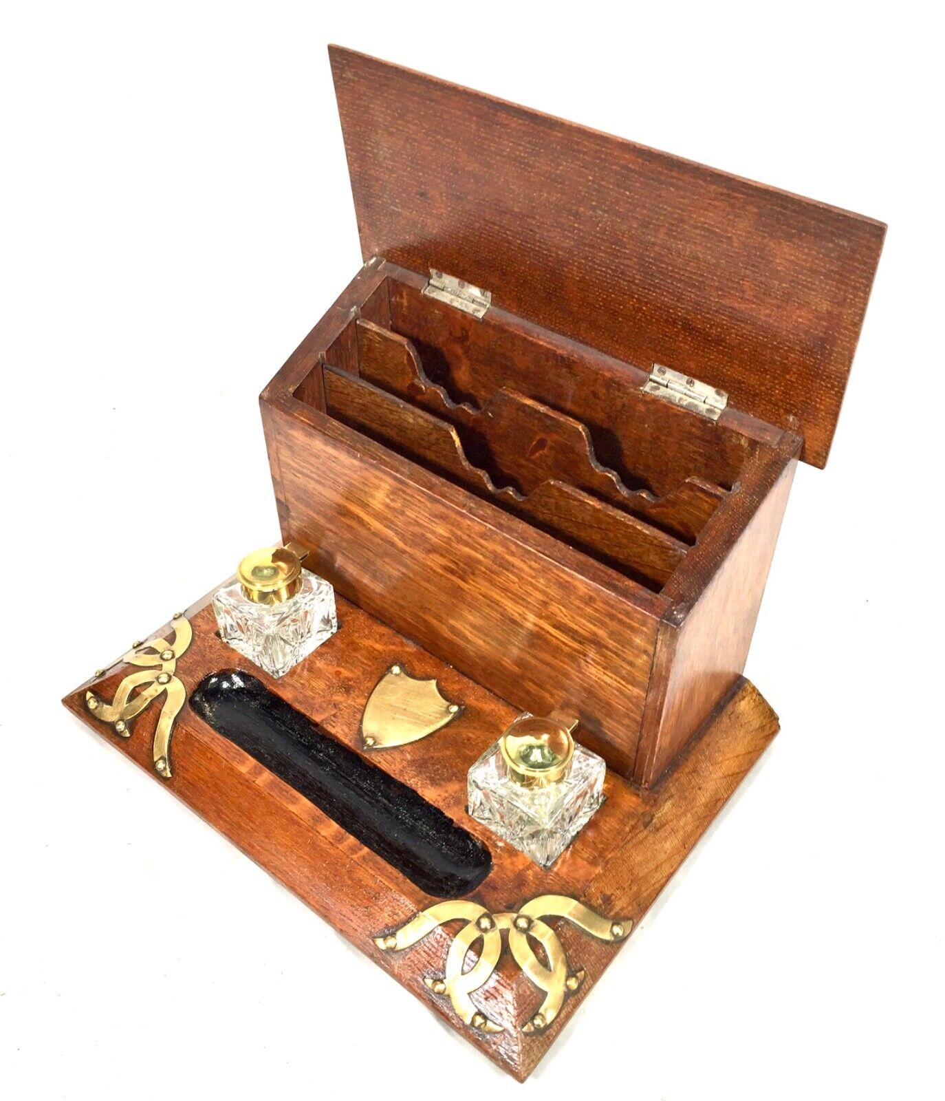 Antique Oak & Brass Desktop Letter Rack / Stationery Box / Edwardian c.1910