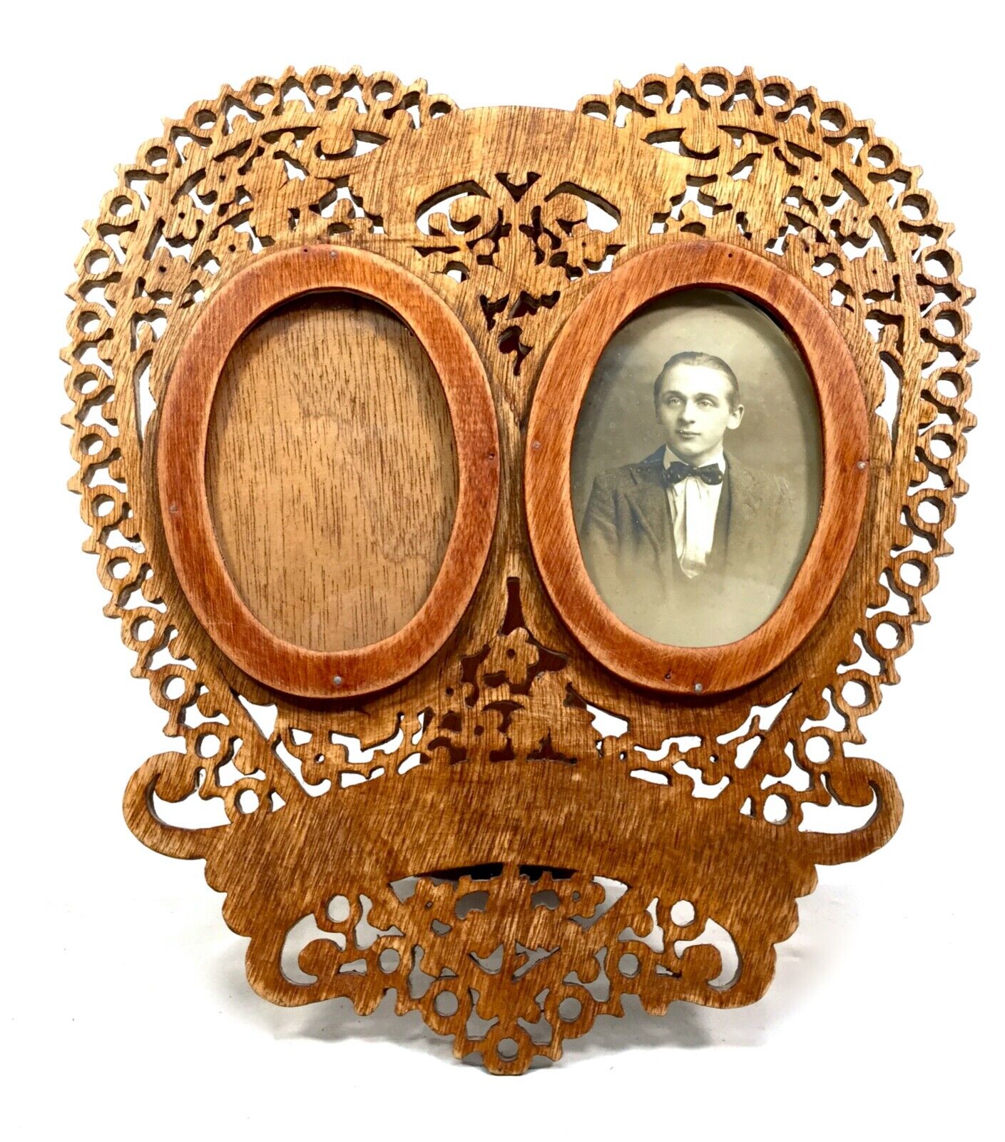 Antique Fretwork Wooden Heart Shaped Lovers Photo Picture Frame c.1900