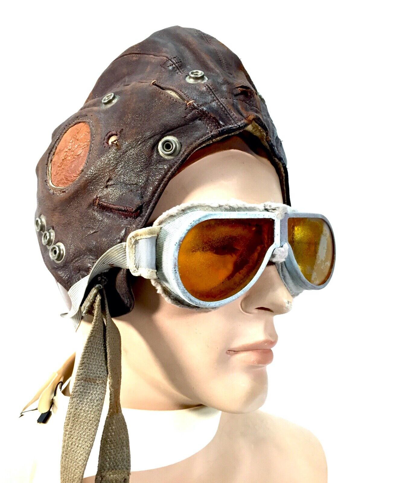 Antique 1940s Brown Leather Flying Cap & Goggles / Car Racing / RAF Type