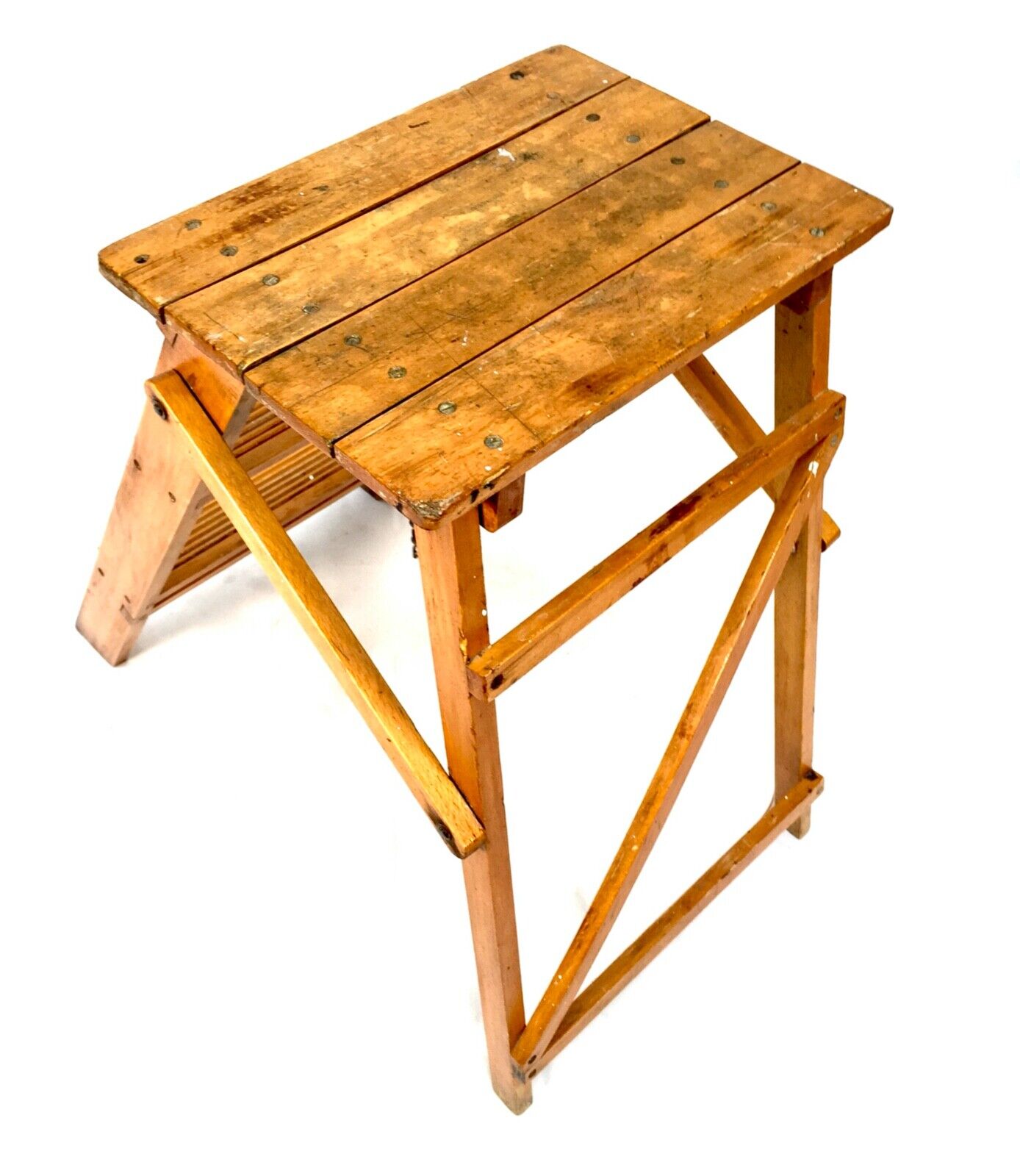 Antique 20th Century Wooden Household Stained Pine Folding Step Ladder