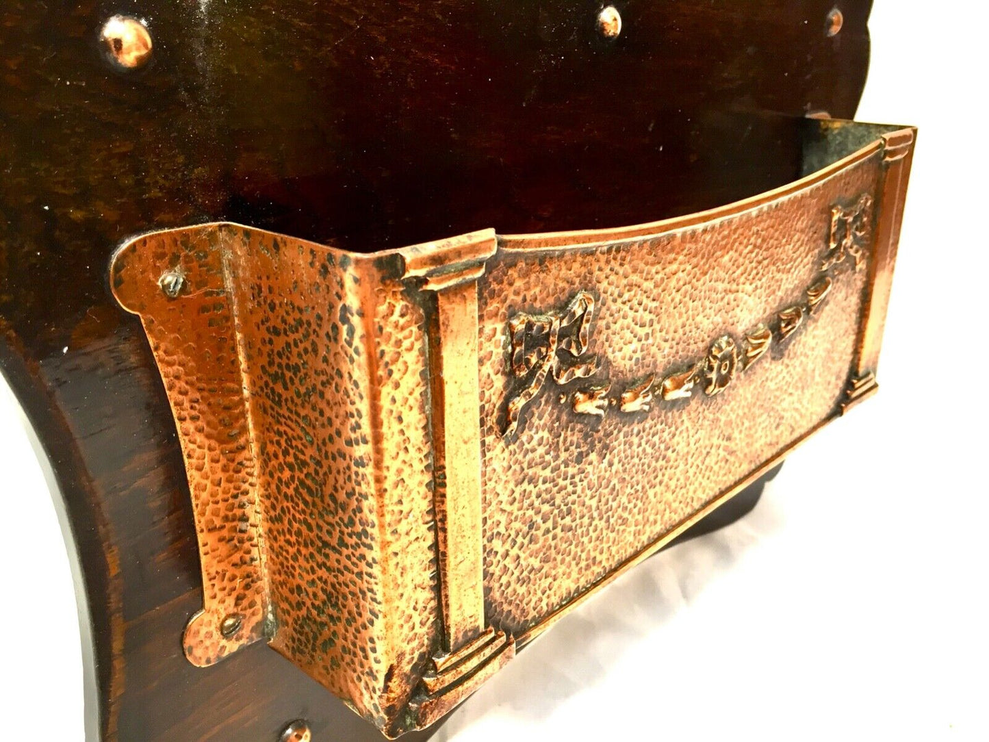 Antique Oak & Copper Wall Hanging Letter Rack / Key Holder Storage Box c.1920