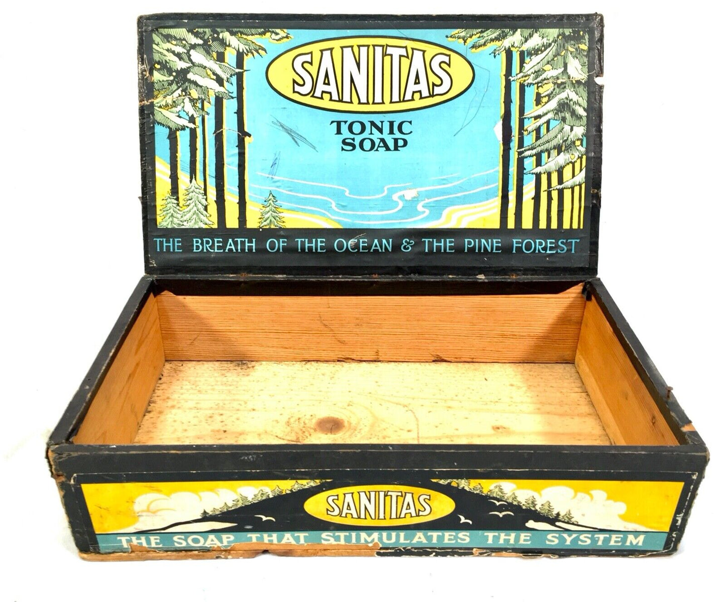 Antique Advertising - Sanitas Soap Wooden Pine Shop Counter Display Box Crate