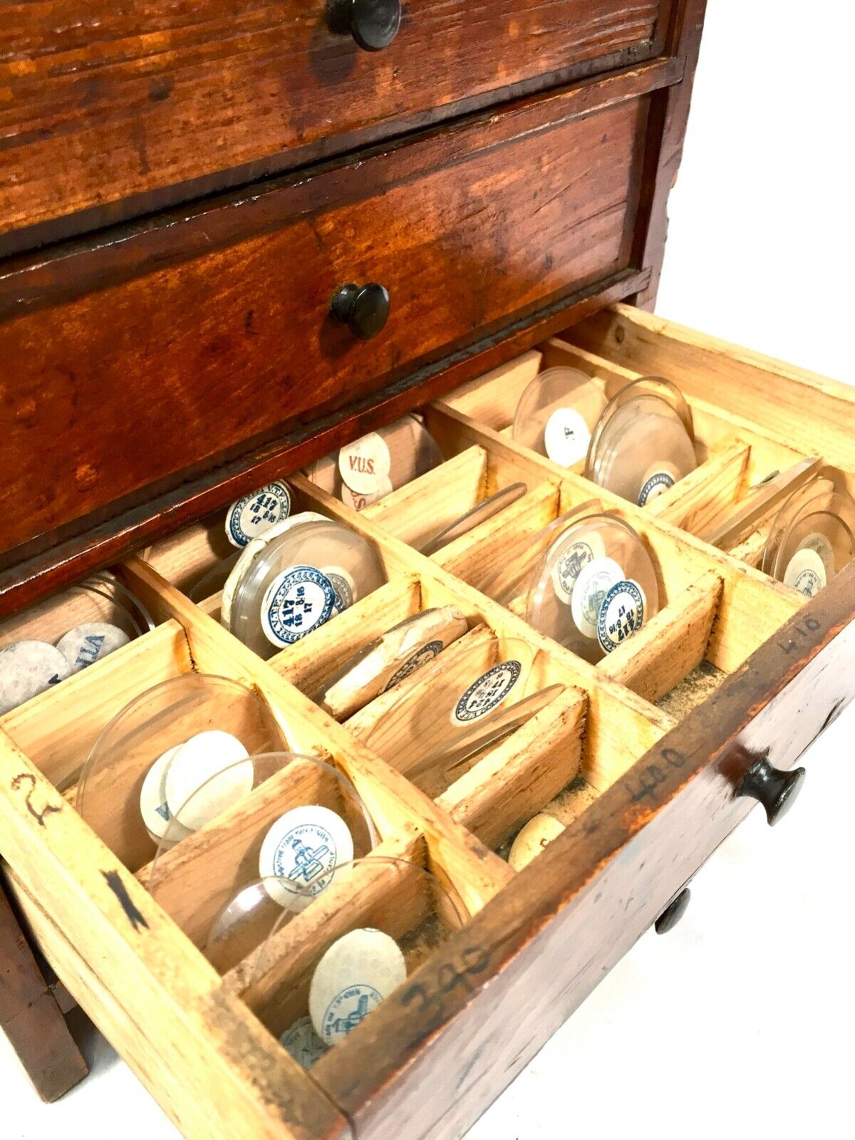 Antique Horologist Wooden Tabletop Collectors Cabinet Chest of Drawers c.1900