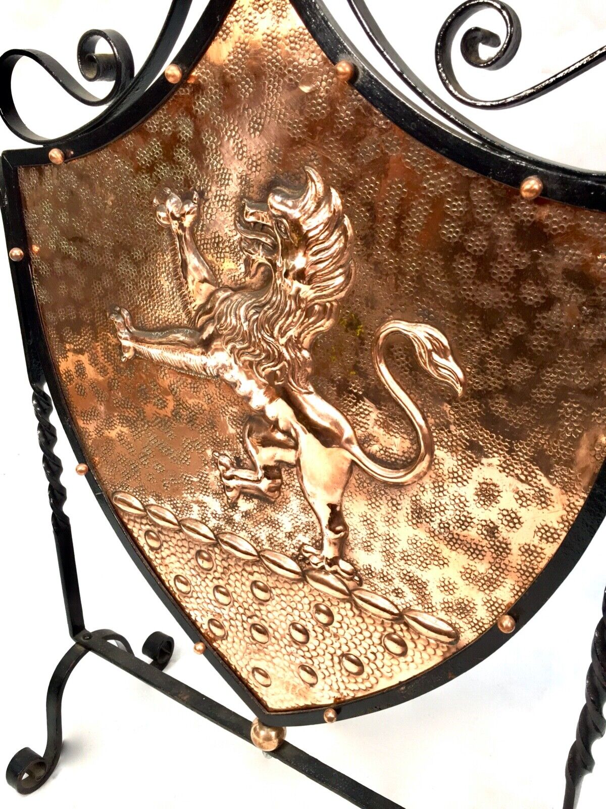 Antique Arts & Crafts Beaten Copper Fire Screen Shield Wrought Iron Frame c.1900