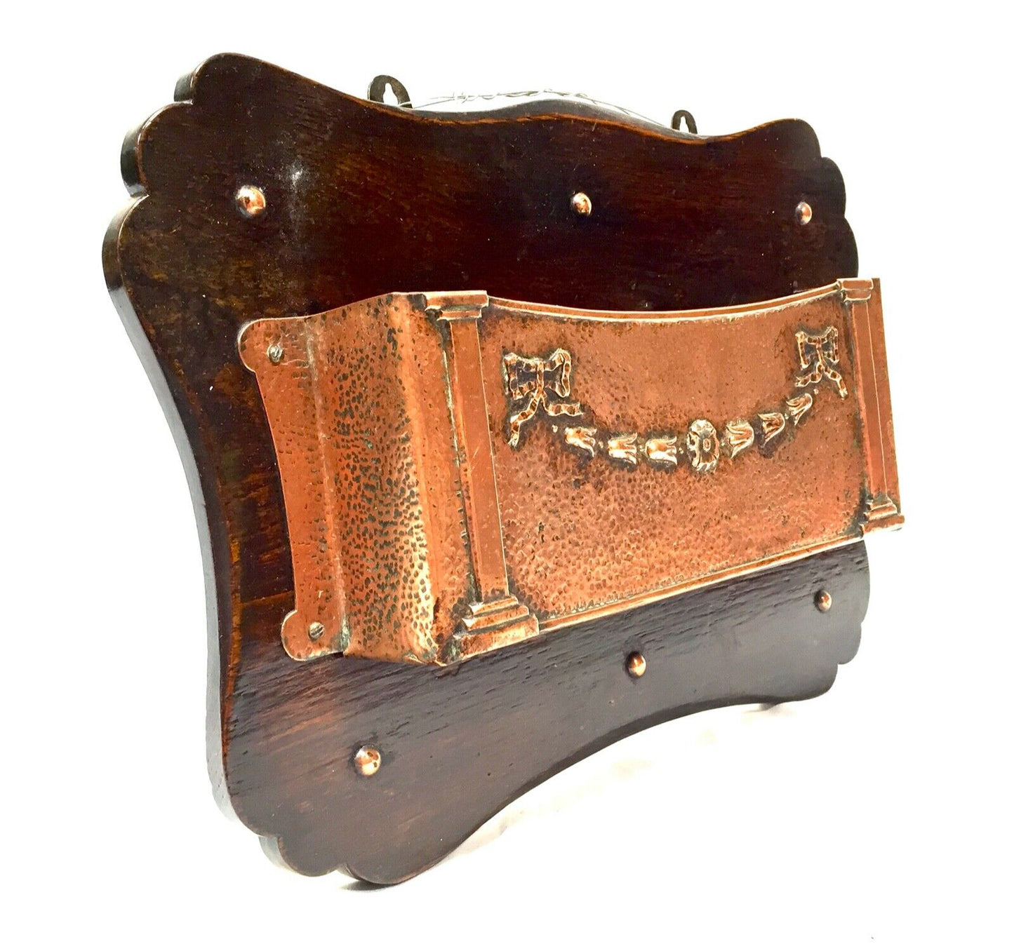 Antique Oak & Copper Wall Hanging Letter Rack / Key Holder Storage Box c.1920