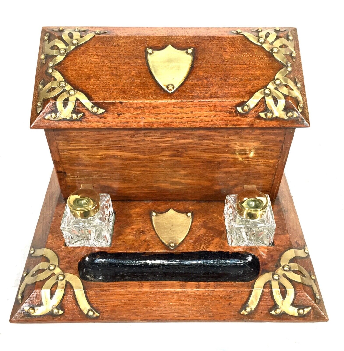Antique Oak & Brass Desktop Letter Rack / Stationery Box / Edwardian c.1910