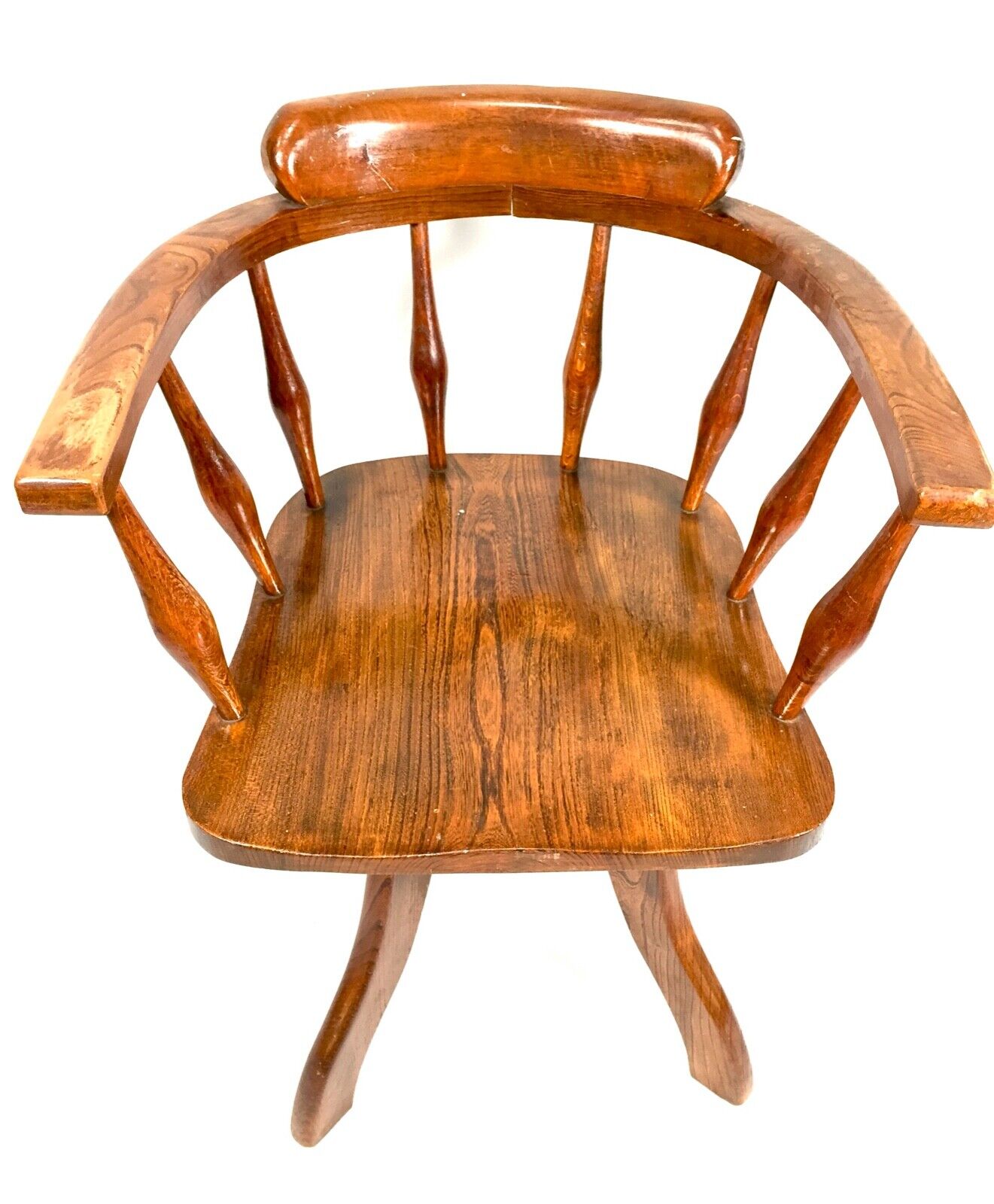 Antique Elm Wooden Captains Office Desk Chair / Swivel / Home Office c.1920