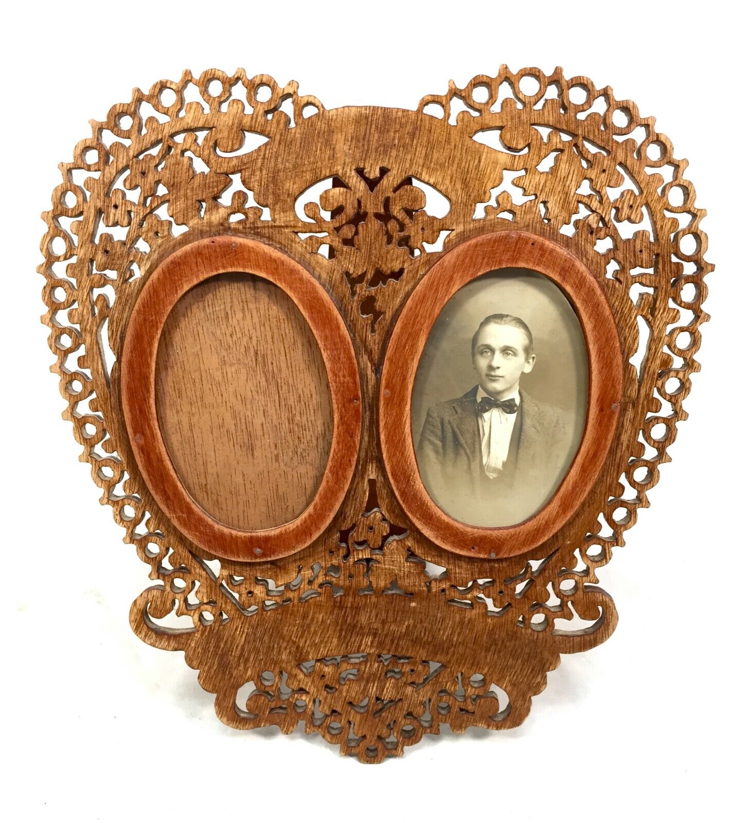 Antique Fretwork Wooden Heart Shaped Lovers Photo Picture Frame c.1900