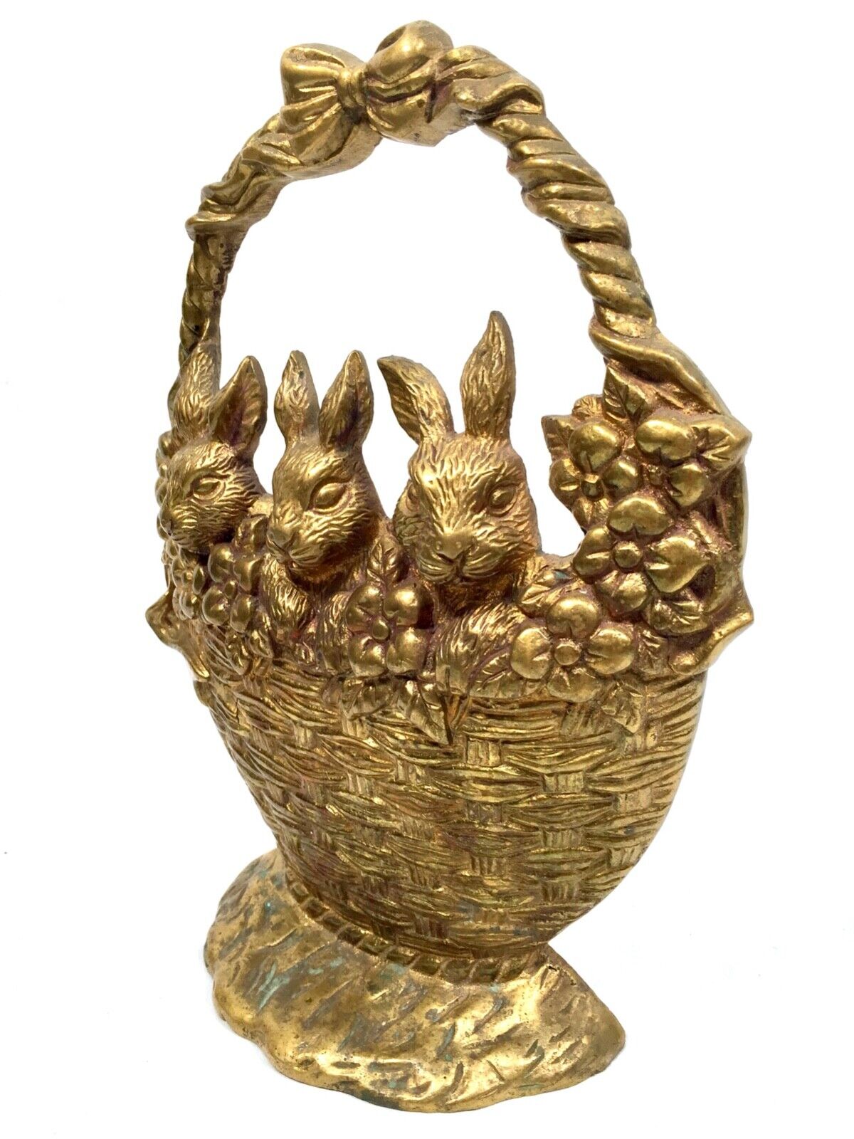 Vintage Solid Brass Doorstop / Stopper - Bunnies in a Basket / Antique Style