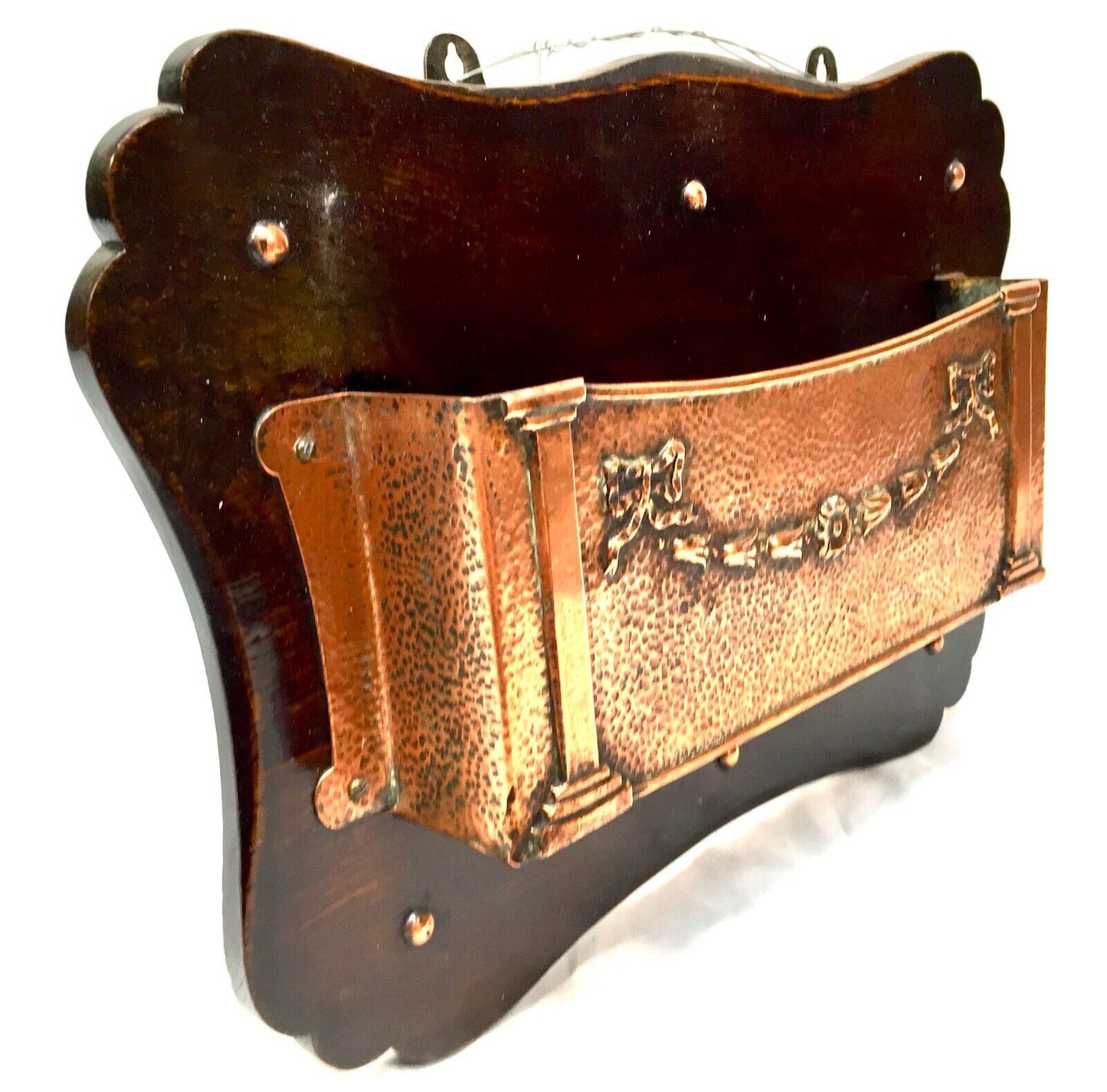 Antique Oak & Copper Wall Hanging Letter Rack / Key Holder Storage Box c.1920
