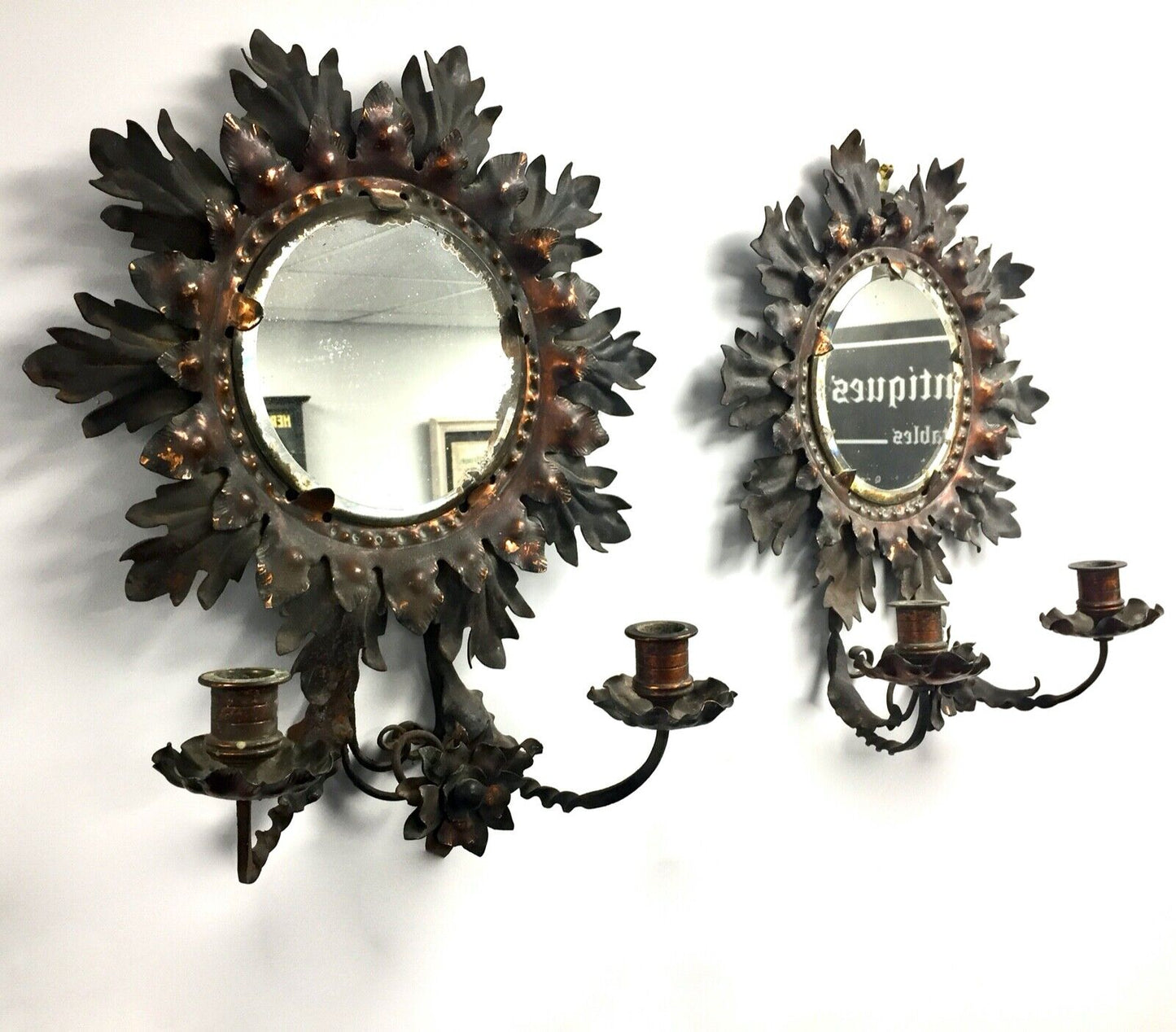 Antique Victorian Pair of Pressed Copper & Iron Mirror Sconces / Wall Hanging