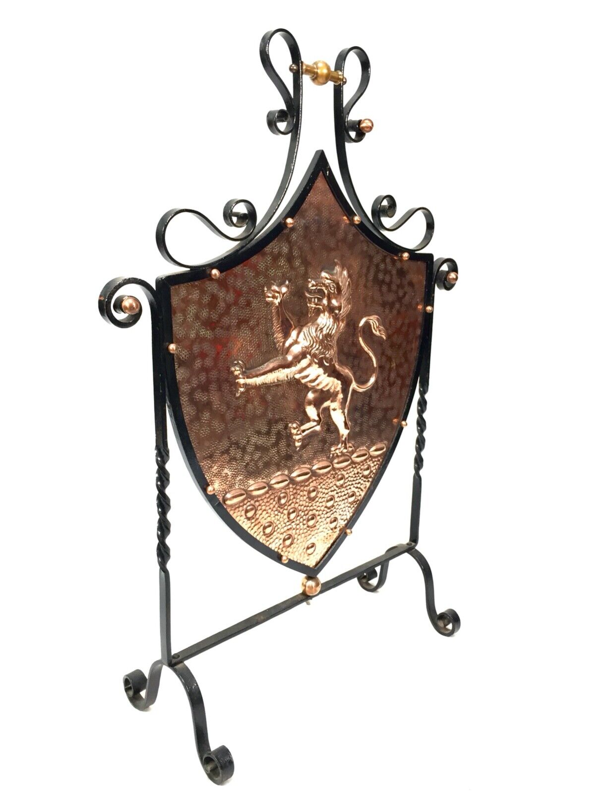 Antique Arts & Crafts Beaten Copper Fire Screen Shield Wrought Iron Frame c.1900