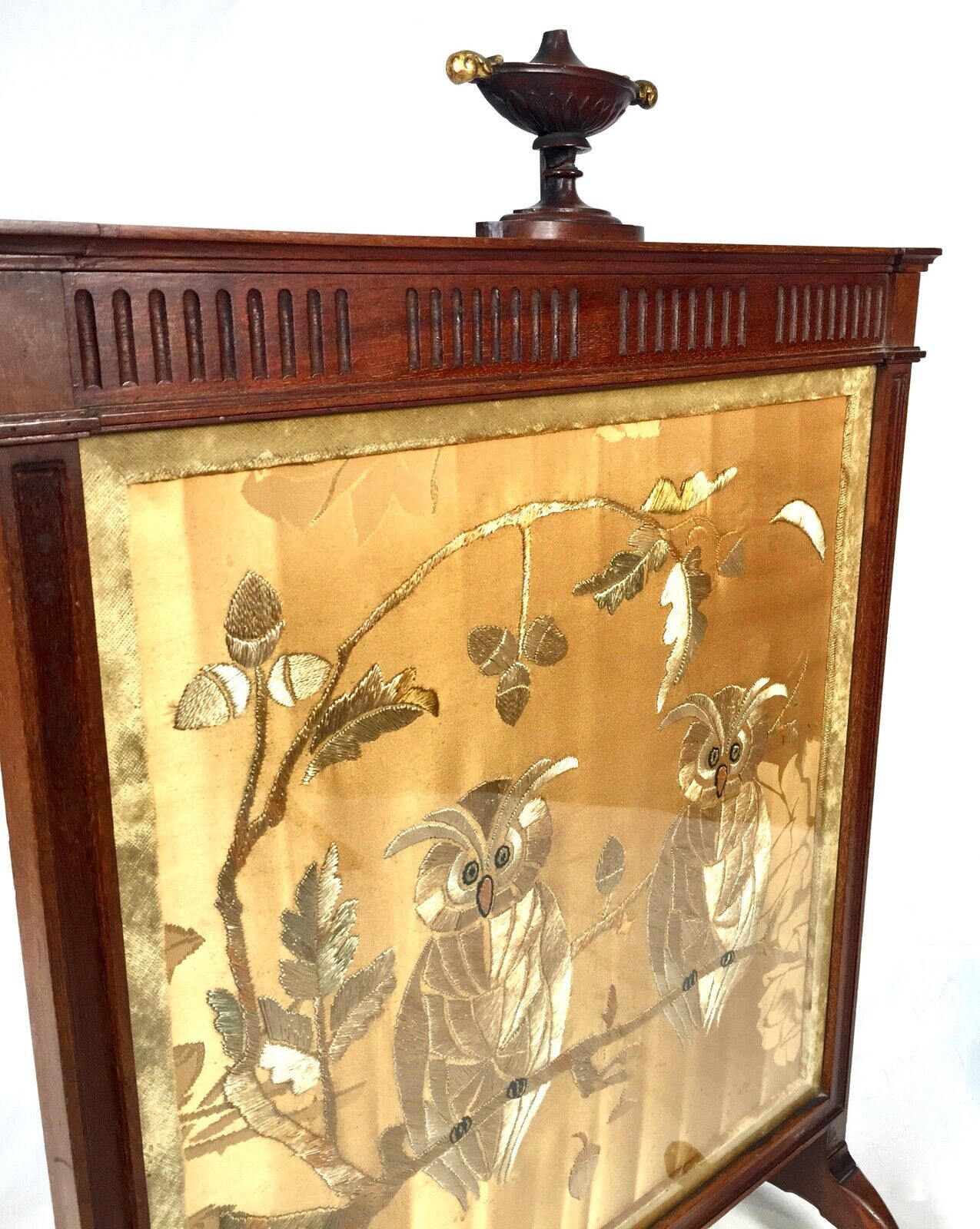 Antique Hand Embroidered Silk & Mahogany Fire Screen / Glazed Guard / Owl Design