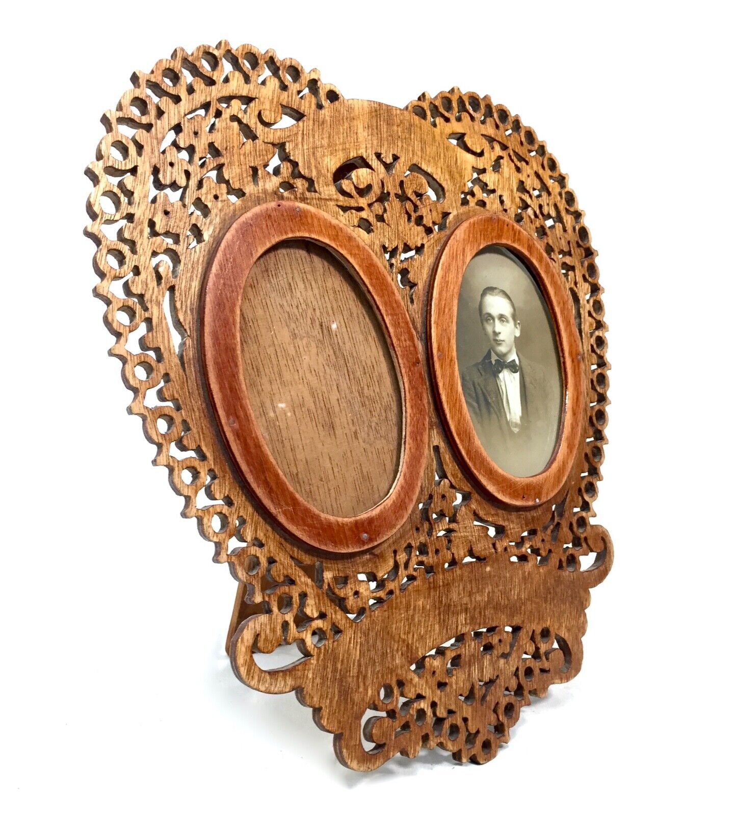 Antique Fretwork Wooden Heart Shaped Lovers Photo Picture Frame c.1900