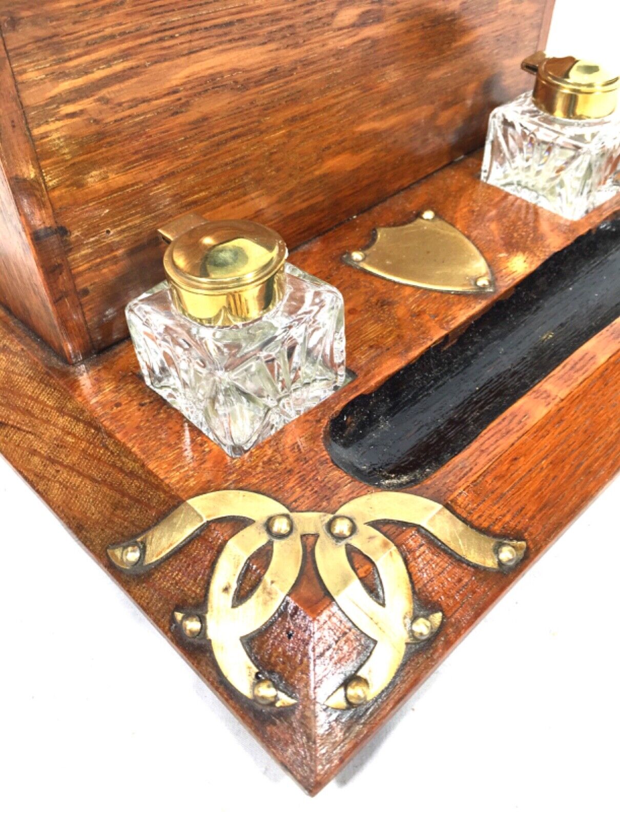 Antique Oak & Brass Desktop Letter Rack / Stationery Box / Edwardian c.1910