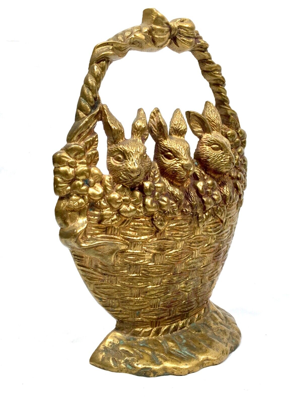 Vintage Solid Brass Doorstop / Stopper - Bunnies in a Basket / Antique Style