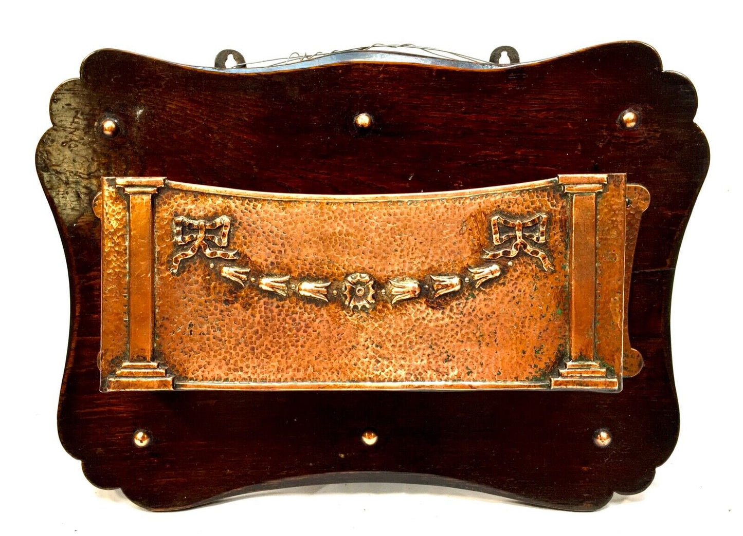 Antique Oak & Copper Wall Hanging Letter Rack / Key Holder Storage Box c.1920