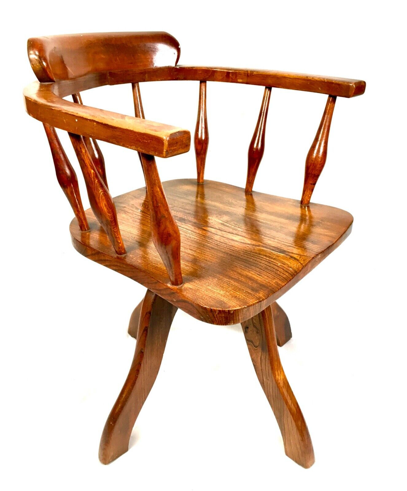 Antique Elm Wooden Captains Office Desk Chair / Swivel / Home Office c.1920