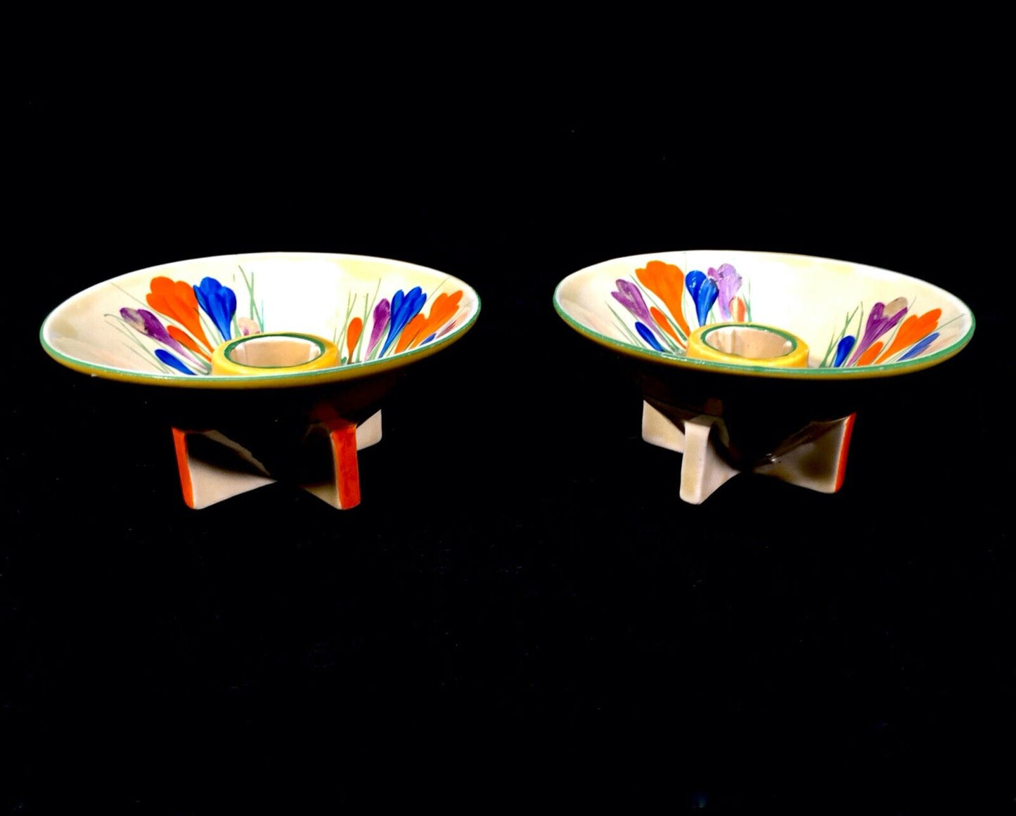 Antique Clarice Cliff Autumn Crocus Shape 384 Candle Stick Pair Pottery Bizarre