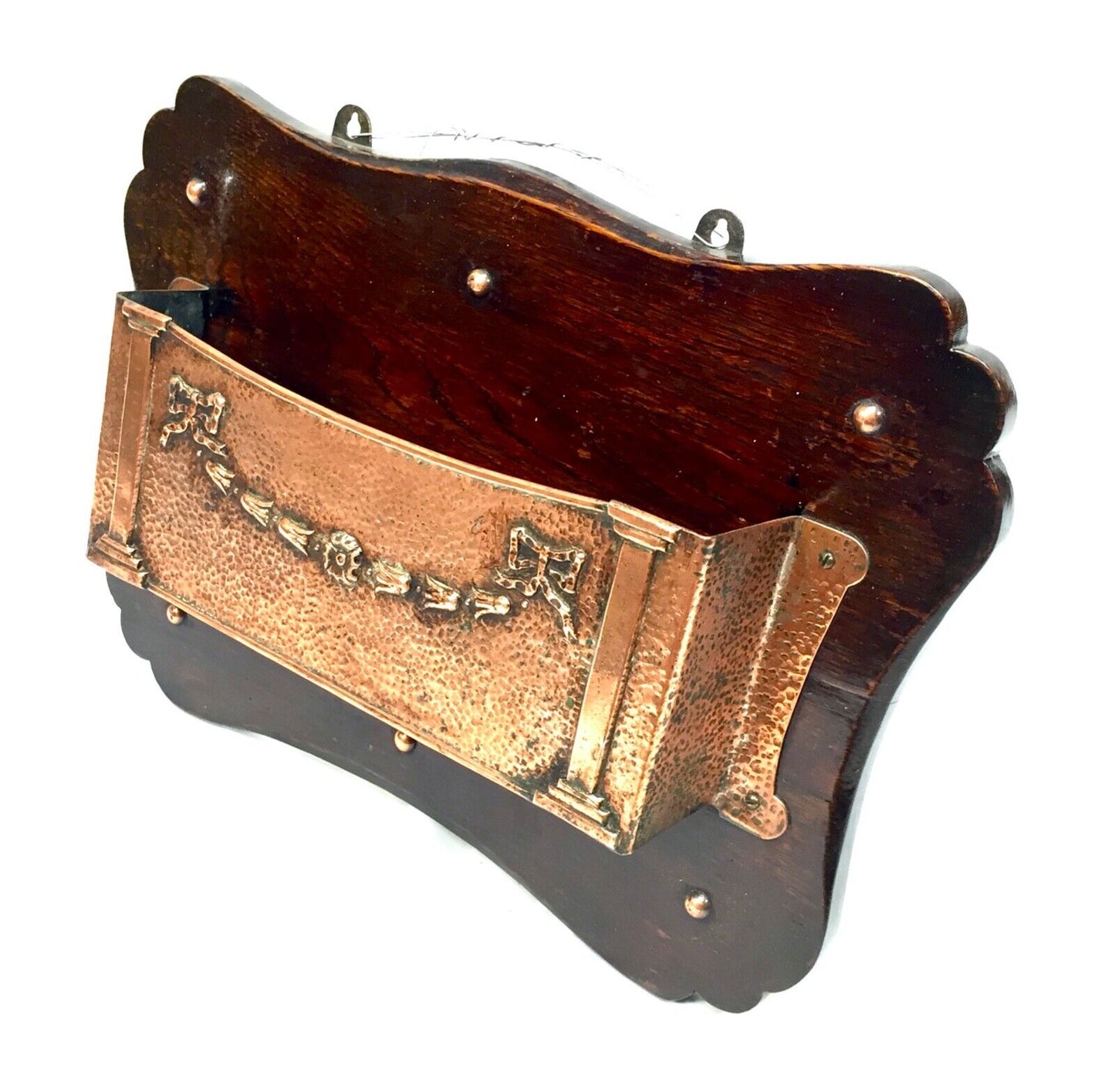 Antique Oak & Copper Wall Hanging Letter Rack / Key Holder Storage Box c.1920