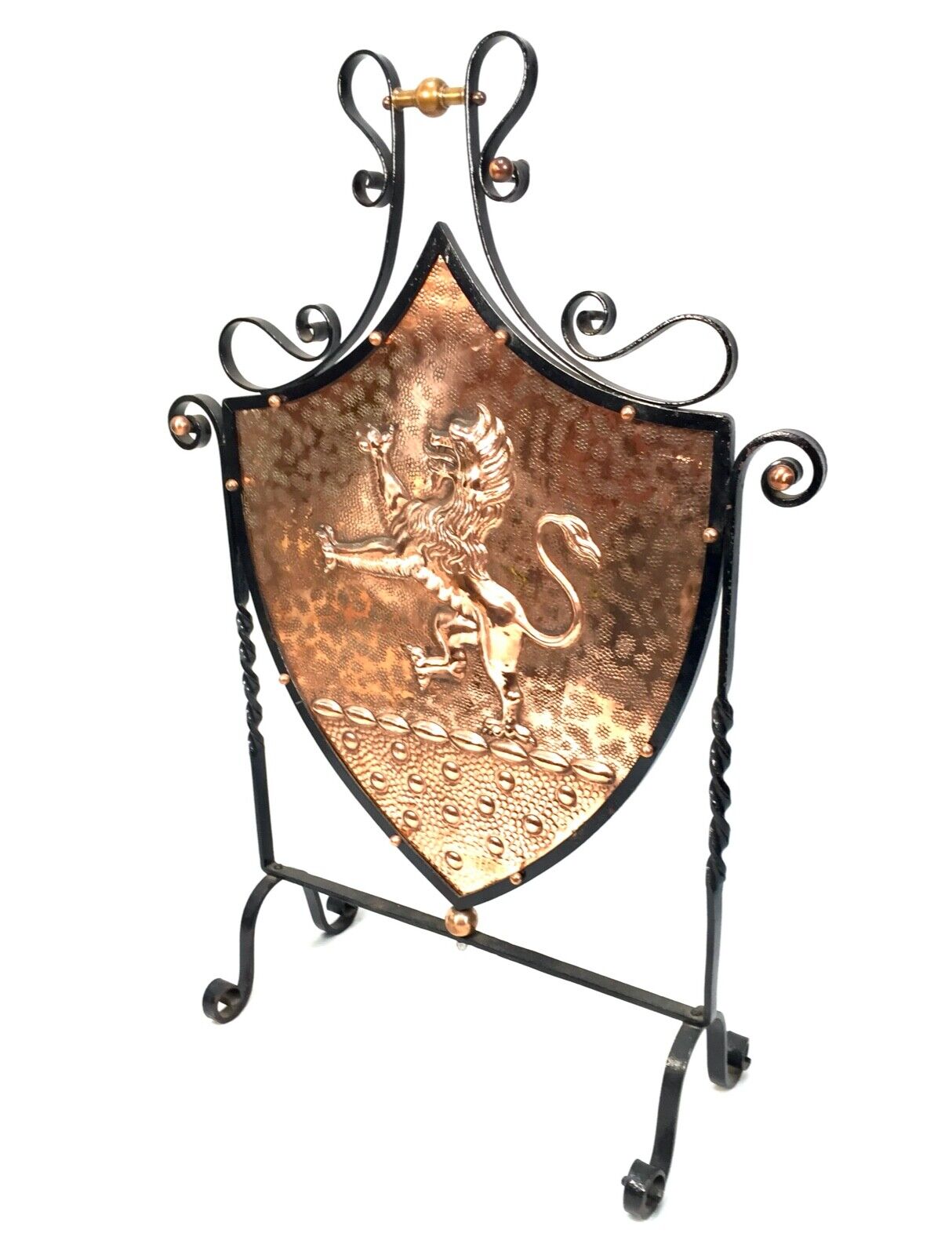 Antique Arts & Crafts Beaten Copper Fire Screen Shield Wrought Iron Frame c.1900